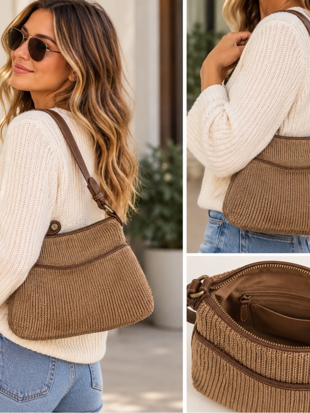 The Sak Crochet‎ Shoulder Bag Tan Brown Knit Hobo Purse Adjustable Strap